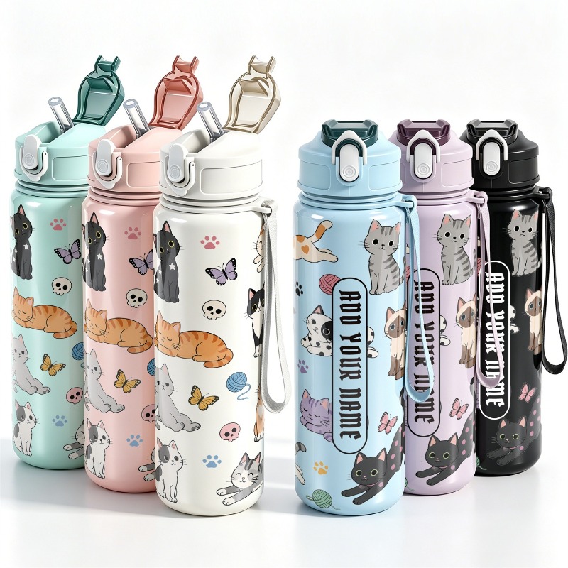 Reusable Straw - Botol Air 750ml dengan Desain Kucing